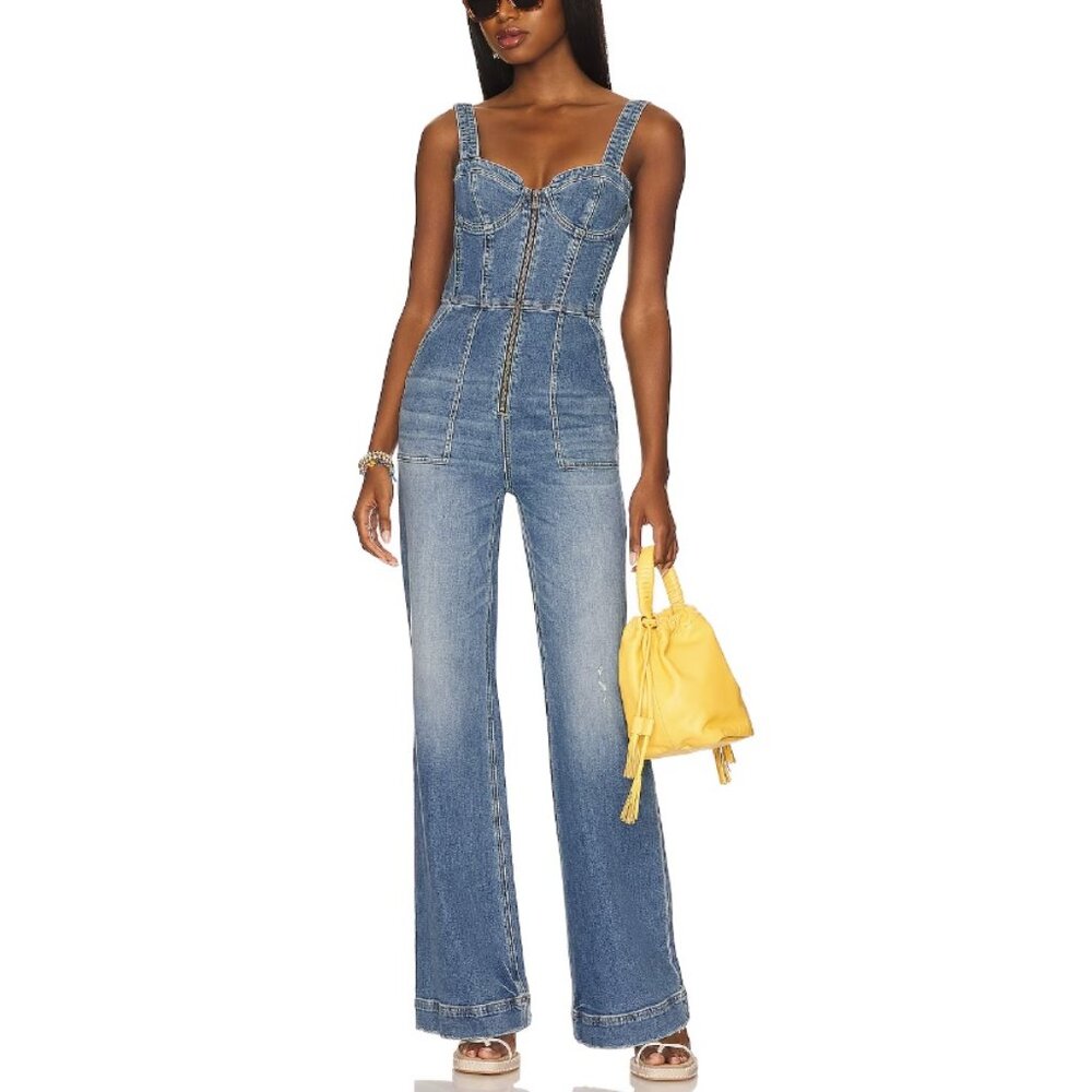 ALICE + OLIVIA LOVETTA DENIM WIDE LEG JUMPSUIT